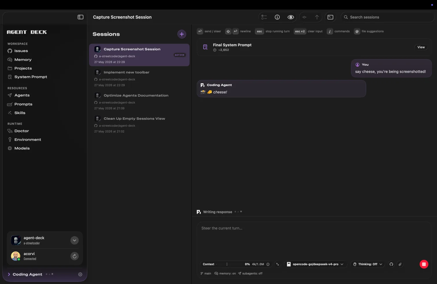An Agent Deck coding session