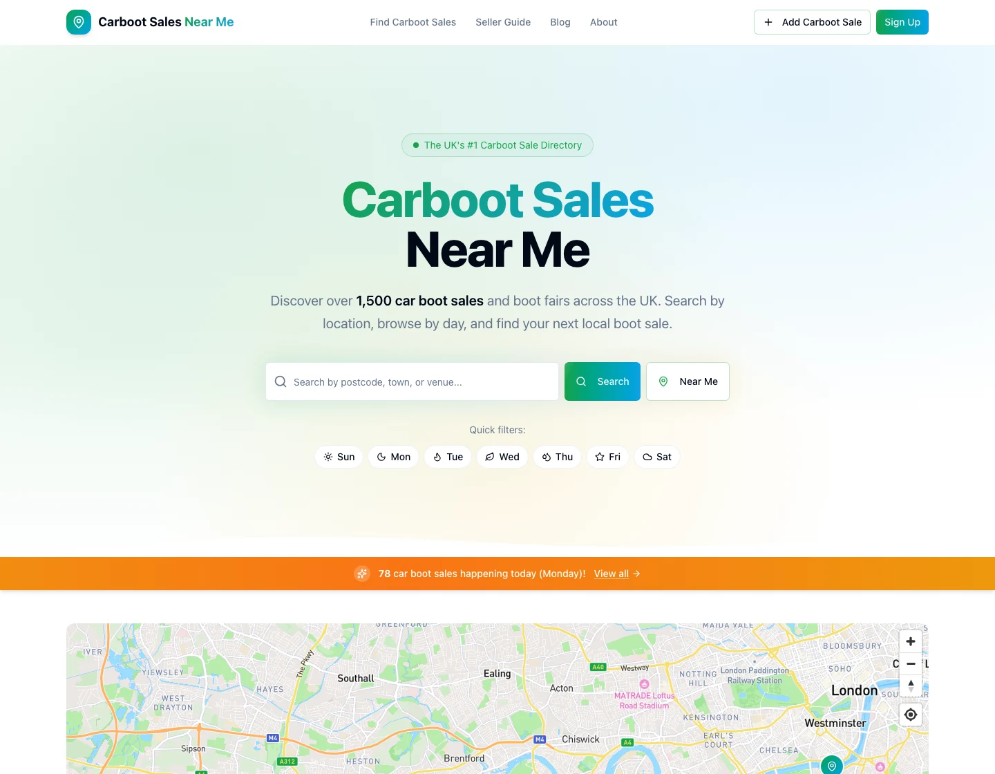 Carboot Sales Near Me homepage with postcode search, day filters, today's sale count, and an interactive map